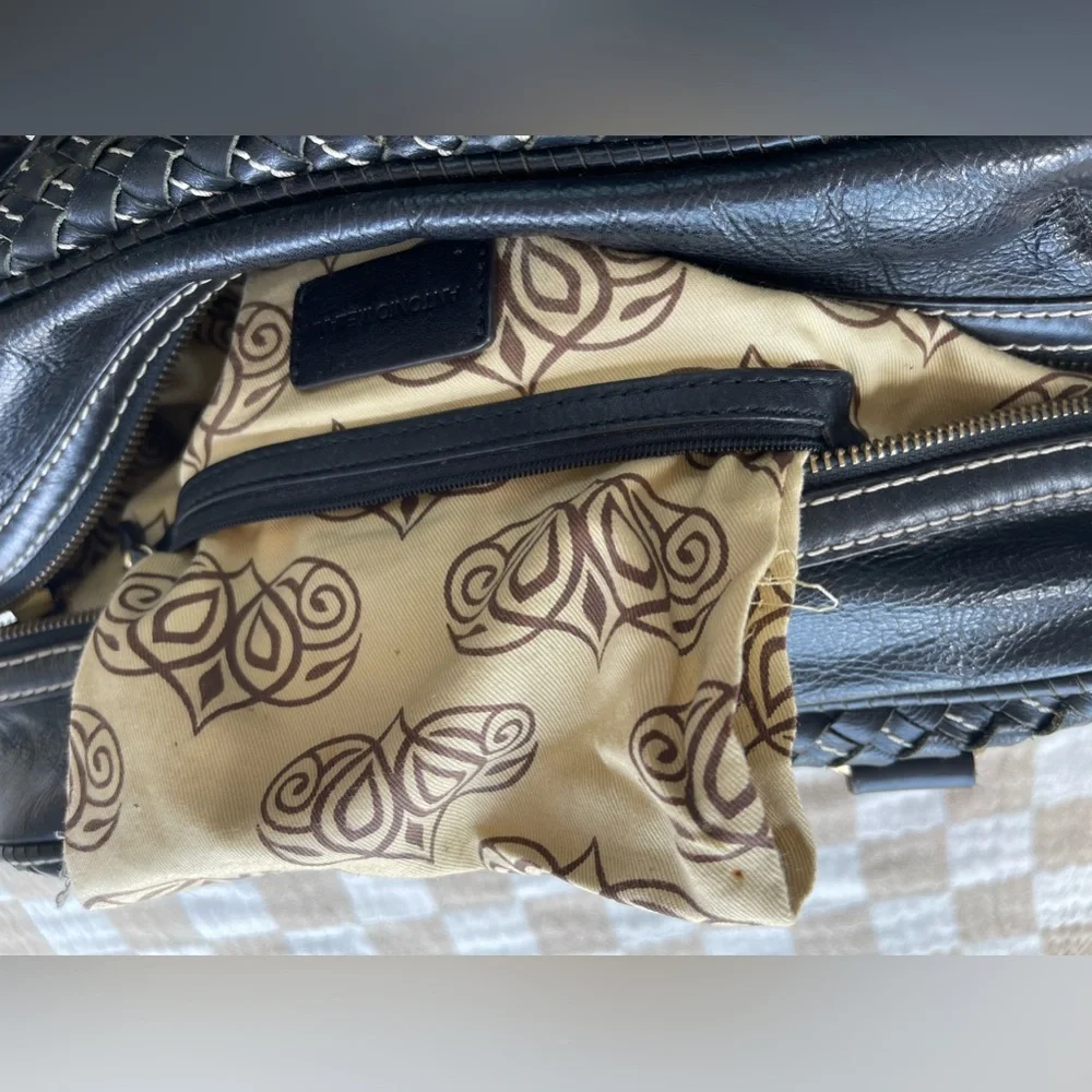 Antonio Melani Black Intrecciato Genuine Leather Satchel Handbag Gold Hardware